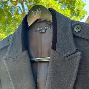 Mens Theory Slim wool overcoat with epaulettes and velvet collar trim